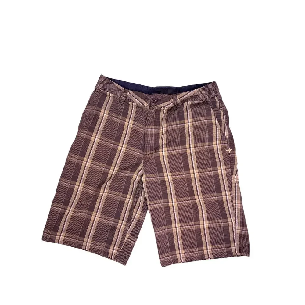 Hurley Plaid Skate Shorts Mens 29W Brown Embroidered Y2K Skater Streetwear